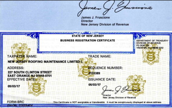 NJ Roofing Maintenance LLC business registration certificate