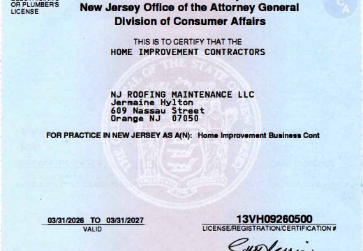 NJ Home Improvement Contractor license certificate